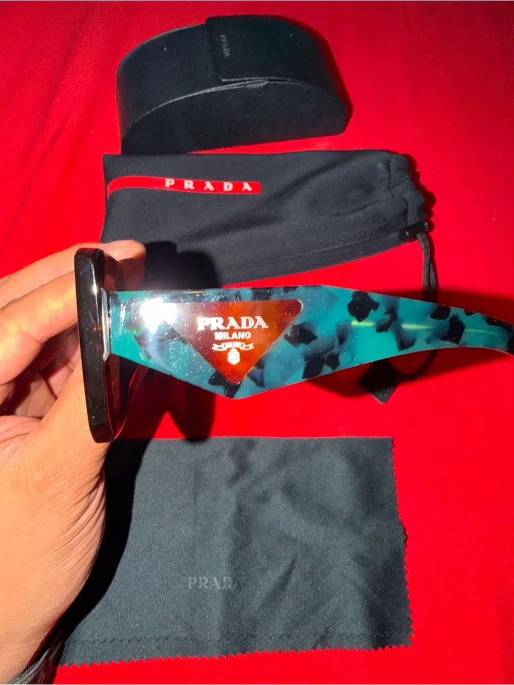 Prada Teal Tortoise Acetate Sunglasses with Gold Logo